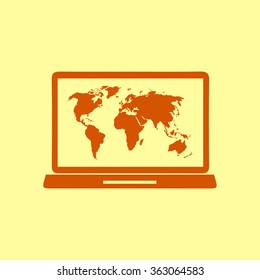 Laptop and world map illustration. World map geography symbol.  Flat design style. Vector EPS 10.