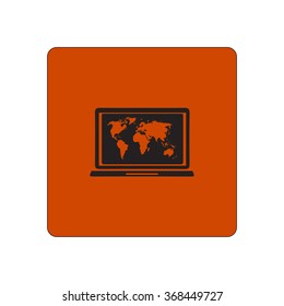 Laptop and world map illustration. World map geography symbol.  Flat design style. Vector EPS 10.