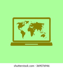 Laptop and world map illustration. World map geography symbol.  Flat design style. Vector EPS 10.