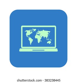 Laptop and world map illustration. World map geography symbol.  Flat design style. Vector EPS 10.