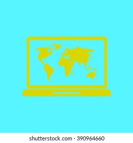 Laptop and world map illustration. World map geography symbol.  Flat design style. Vector EPS 10.