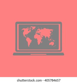 Laptop and world map illustration. World map geography symbol.  Flat design style. Vector EPS 10.