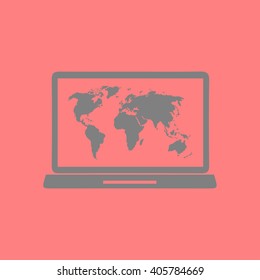 Laptop and world map illustration. World map geography symbol.  Flat design style. Vector EPS 10.