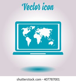 Laptop and world map illustration. World map geography symbol.  Flat design style. Vector EPS 10.