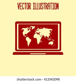 Laptop and world map illustration. World map geography symbol.  Flat design style. Vector EPS 10.