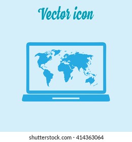 Laptop and world map illustration. World map geography symbol.  Flat design style. Vector EPS 10.