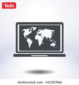 Laptop and world map illustration. World map geography symbol.  Flat design style. Vector EPS 10.