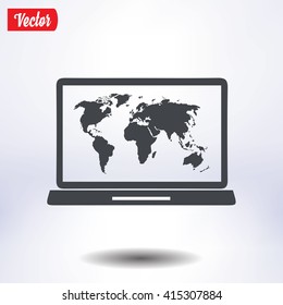 Laptop and world map illustration. World map geography symbol.  Flat design style. Vector EPS 10.
