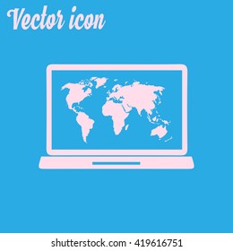 Laptop and world map illustration. World map geography symbol.  Flat design style. Vector EPS 10.