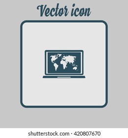 Laptop and world map illustration. World map geography symbol.  Flat design style. Vector EPS 10.