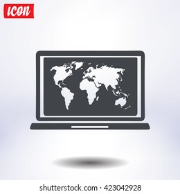Laptop and world map illustration. World map geography symbol.  Flat design style. Vector EPS 10.
