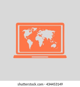 Laptop and world map illustration. World map geography symbol.  Flat design style. Vector EPS 10.
