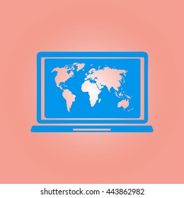 Laptop and world map illustration. World map geography symbol.  Flat design style. Vector EPS 10.