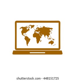 Laptop and world map illustration. World map geography symbol.  Flat design style. Vector EPS 10.