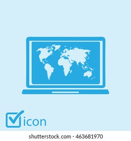 Laptop and world map illustration. World map geography symbol.  Flat design style. Vector EPS 10.
