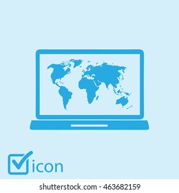 Laptop and world map illustration. World map geography symbol.  Flat design style. Vector EPS 10.
