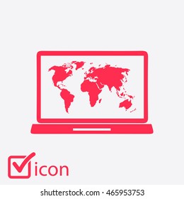 Laptop and world map illustration. World map geography symbol.  Flat design style. Vector EPS 10.
