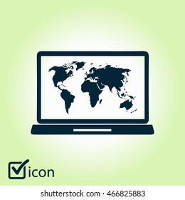 Laptop and world map illustration. World map geography symbol.  Flat design style. Vector EPS 10.