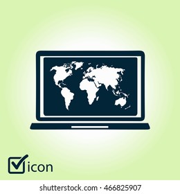 Laptop and world map illustration. World map geography symbol.  Flat design style. Vector EPS 10.