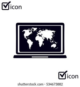 Laptop and world map illustration. World map geography symbol.  Flat design style. Vector EPS 10.