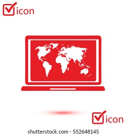 Laptop and world map illustration. World map geography symbol.  Flat design style. 