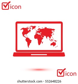 Laptop and world map illustration. World map geography symbol.  Flat design style. 