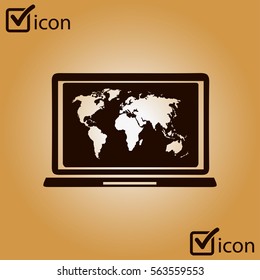 Laptop and world map illustration. World map geography symbol.  Flat design style. 