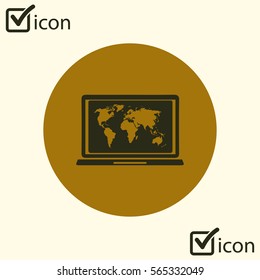 Laptop and world map illustration. World map geography symbol.  Flat design style. 