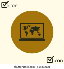 Laptop and world map illustration. World map geography symbol.  Flat design style. 