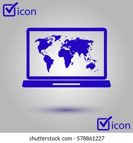 Laptop and world map illustration. World map geography symbol.  Flat design style. 