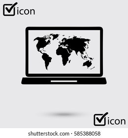 Laptop and world map illustration. World map geography symbol.  Flat design style. 