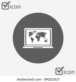 Laptop and world map illustration. World map geography symbol.  Flat design style. 