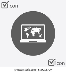 Laptop and world map illustration. World map geography symbol.  Flat design style. 