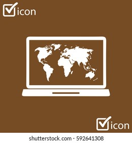 Laptop and world map illustration. World map geography symbol.  Flat design style. 