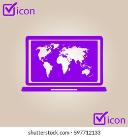 Laptop and world map illustration. World map geography symbol.  Flat design style. 