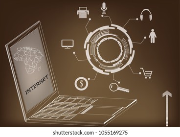 laptop, world map on brown. Vector image