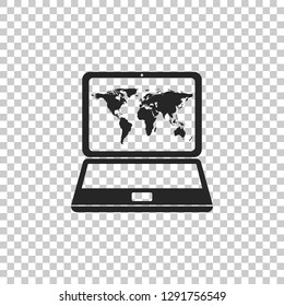 Laptop with world map on screen icon isolated on transparent background. World map geography symbol. Flat design. Vector Illustration