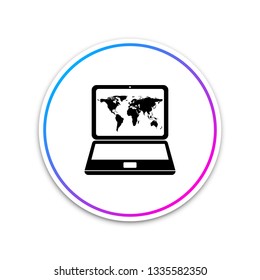 Laptop with world map on screen icon isolated on white background. World map geography symbol. Circle white button. Vector Illustration