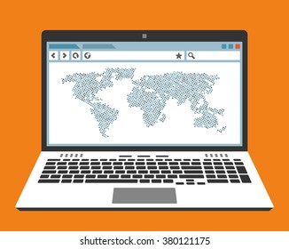 Laptop and world map on the screen in web browser window. Flat design vector illustration