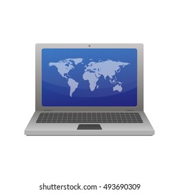 Laptop with world map on screen. Vector illustration