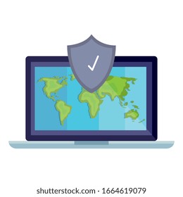 laptop with world map and shield design, Delivery logistics transportation shipping service warehouse industry and global theme Vector illustration