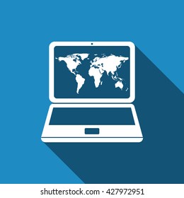 Laptop with world map symbol flat icon with long shadow. Vector Illustration