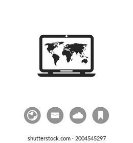 Laptop with world map vector icon.