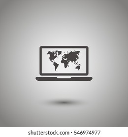 Laptop and world map vector icon