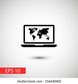 Laptop and world map vector icon