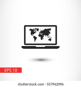 Laptop and world map vector icon
