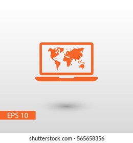 Laptop and world map vector icon