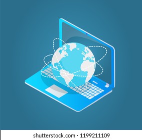 Laptop with world wide web emblem 3d isometric model isolated vector banner. Open tablet with globe surrounded with dotted lines on gadget keyboard