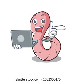 With laptop worm character cartoon style