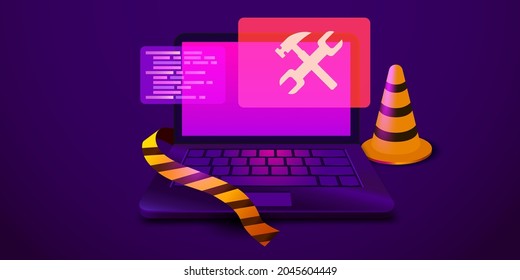 Laptop with wrench and hammer on the screen. Computer repair service, maintenance, technical support. Website is under construction. Vector illustration